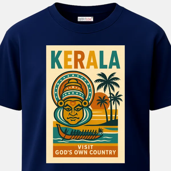 _Regular_Unisex_Navy_Graphics_T-Shirt,_Poster_style_layout_with_Kathakali_head,_rowing_snake_boat_and_palm-lined_shoreline_under_an_orange_sun,_upper_text_KERALA_and_lower_tagline_VISIT_GOD’S_OWN_COUNTRY,_flat_retro_tourism_poster_feel._|_TRAVEL_MODE