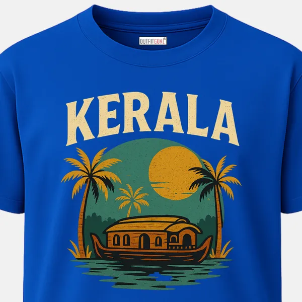 _Regular_Unisex_Royal_Blue_Graphics_T-Shirt,_Classic_Kerala_houseboat_cruising_on_a_green_lagoon_with_layered_palm_trees_and_a_large_yellow_sun,_arched_KERALA_lettering_on_top,_distressed_retro_badge_illustration._|_TRAVEL_MODE