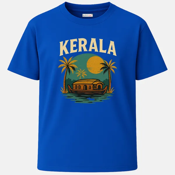 _Regular_Unisex_Royal_Blue_Graphics_T-Shirt,_Classic_Kerala_houseboat_cruising_on_a_green_lagoon_with_layered_palm_trees_and_a_large_yellow_sun,_arched_KERALA_lettering_on_top,_distressed_retro_badge_illustration._|_TRAVEL_MODE