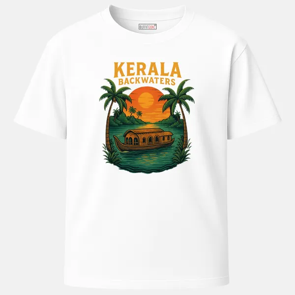 _Regular_Unisex_White_Graphics_T-Shirt,_Wooden_houseboat_floating_on_lush_green_Kerala_backwaters_framed_by_tall_palm_trees_against_an_orange_sunset_sky,_bold_heading_KERALA_BACKWATERS,_retro_tropical_postcard_aesthetic._|_TRAVEL_MODE