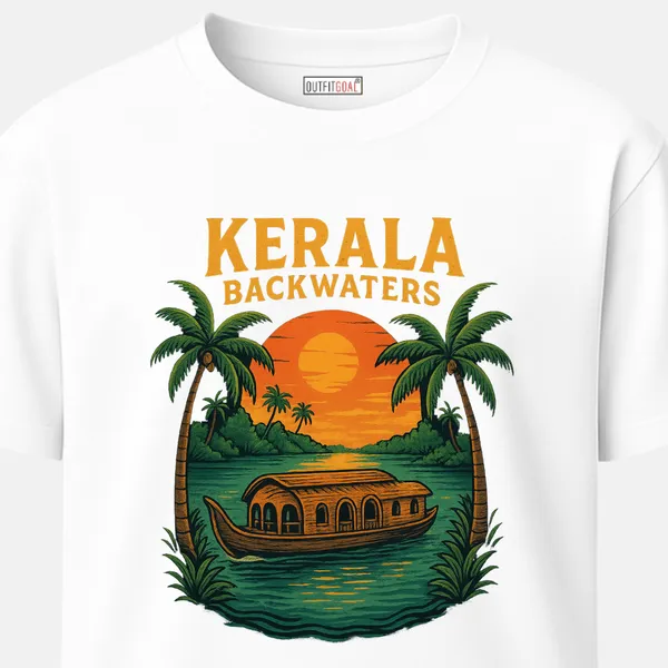 _Regular_Unisex_White_Graphics_T-Shirt,_Wooden_houseboat_floating_on_lush_green_Kerala_backwaters_framed_by_tall_palm_trees_against_an_orange_sunset_sky,_bold_heading_KERALA_BACKWATERS,_retro_tropical_postcard_aesthetic._|_TRAVEL_MODE