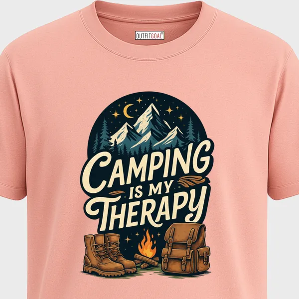 _Regular_Unisex_Pink_Graphics_T-Shirt,_Boots_backpack_campfire_night_mountains_stars_camping_is_my_therapy_text_|_TRAVEL_MODE