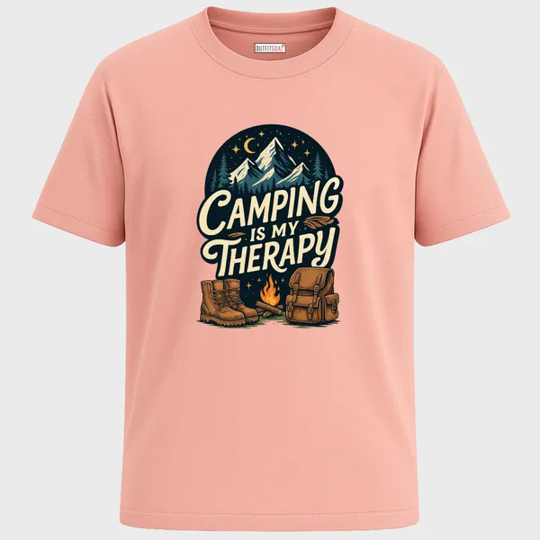 _Regular_Unisex_Pink_Graphics_T-Shirt,_Boots_backpack_campfire_night_mountains_stars_camping_is_my_therapy_text_|_TRAVEL_MODE