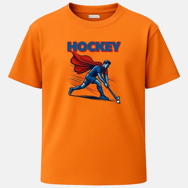 _Regular_Unisex_Bhagwa_Graphics_T-Shirt,_Player_with_red_cape_dribbling_ball_hockey_|_SPORTS_MODE