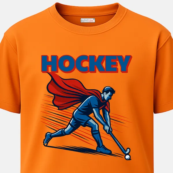 _Regular_Unisex_Bhagwa_Graphics_T-Shirt,_Player_with_red_cape_dribbling_ball_hockey_|_SPORTS_MODE