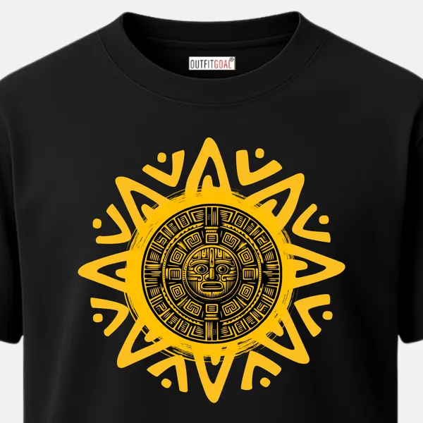 Outfitgoal_Regular_Unisex_Black_Graphics_T-Shirt,_Bold_tribal_sun_emblem_with_circular_face_and_geometric_rays_in_solid_yellow_|_GRAPHICS_MODE