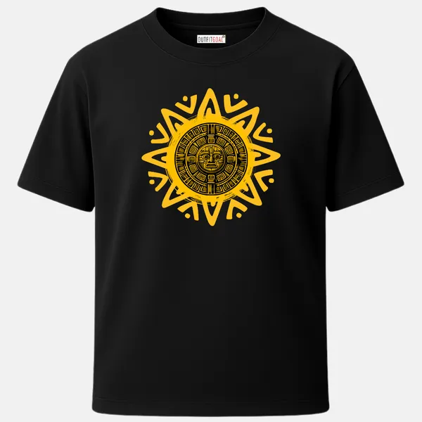 Outfitgoal_Regular_Unisex_Black_Graphics_T-Shirt,_Bold_tribal_sun_emblem_with_circular_face_and_geometric_rays_in_solid_yellow_|_GRAPHICS_MODE