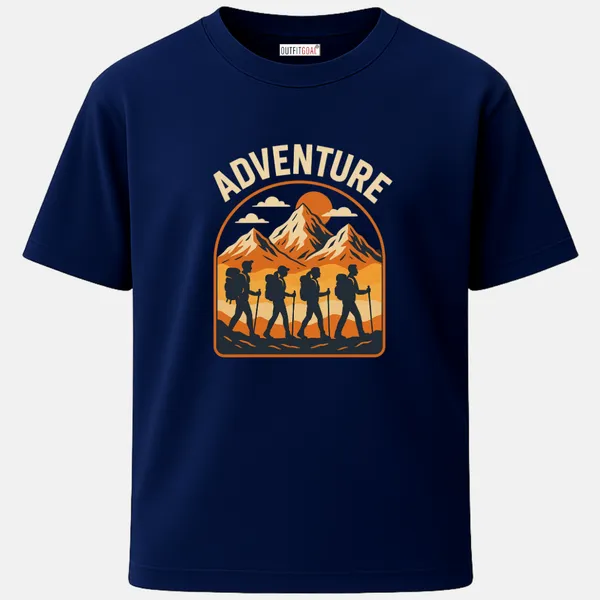 _Regular_Unisex_Navy_Graphics_T-Shirt,_Four_hikers_with_backpacks_trekking_in_front_of_orange_toned_mountains_adventure_text_|_TRAVEL_MODE