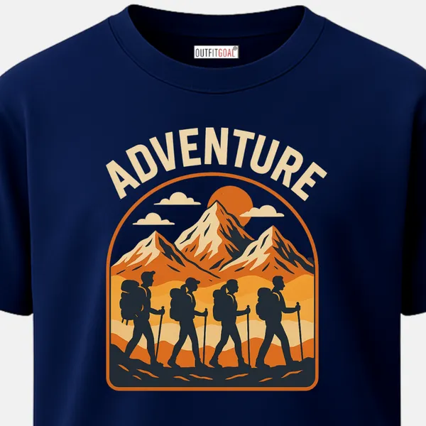 _Regular_Unisex_Navy_Graphics_T-Shirt,_Four_hikers_with_backpacks_trekking_in_front_of_orange_toned_mountains_adventure_text_|_TRAVEL_MODE