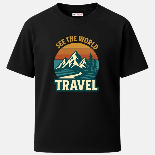 _Regular_Unisex_Black_Graphics_T-Shirt,_Road_winding_to_mountains_with_trees_see_the_world_travel_text_|_TRAVEL_MODE