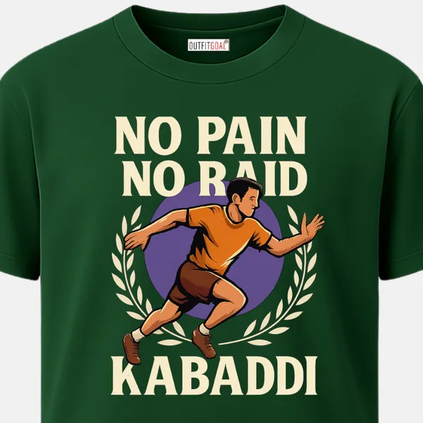 _Regular_Unisex_Bottle_Green_Graphics_T-Shirt,_Vintage_style_runner_inside_laurel_wreath_text_no_pain_no_raid_kabaddi_|_SPORTS_MODE
