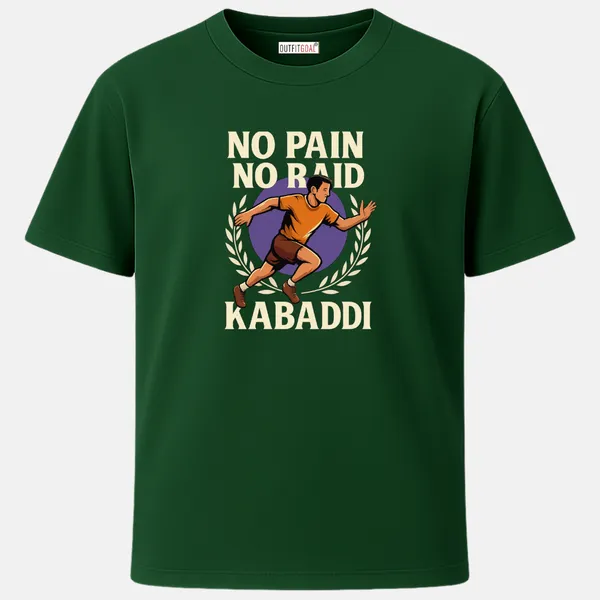 _Regular_Unisex_Bottle_Green_Graphics_T-Shirt,_Vintage_style_runner_inside_laurel_wreath_text_no_pain_no_raid_kabaddi_|_SPORTS_MODE