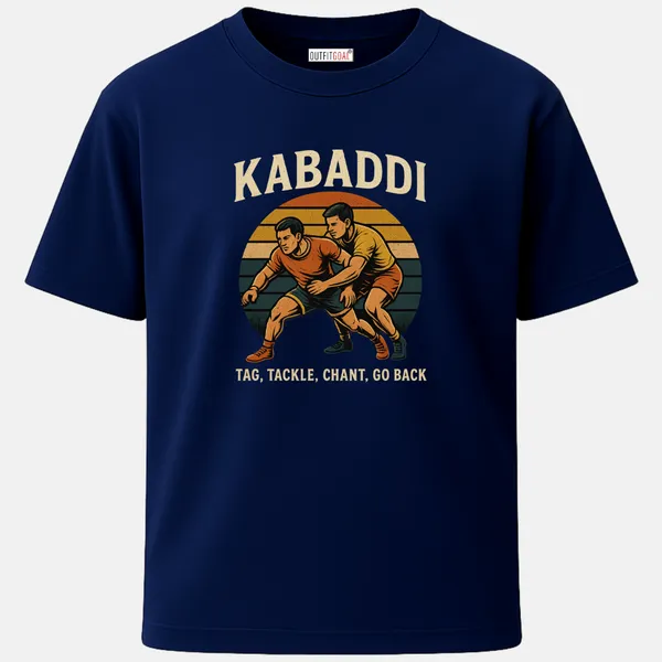 _Regular_Unisex_Navy_Graphics_T-Shirt,_Two_kabaddi_players_mid_grapple_in_front_of_retro_sun_stripes_text_tag_tackle_chant_go_back_|_SPORTS_MODE