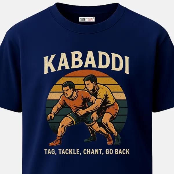 _Regular_Unisex_Navy_Graphics_T-Shirt,_Two_kabaddi_players_mid_grapple_in_front_of_retro_sun_stripes_text_tag_tackle_chant_go_back_|_SPORTS_MODE
