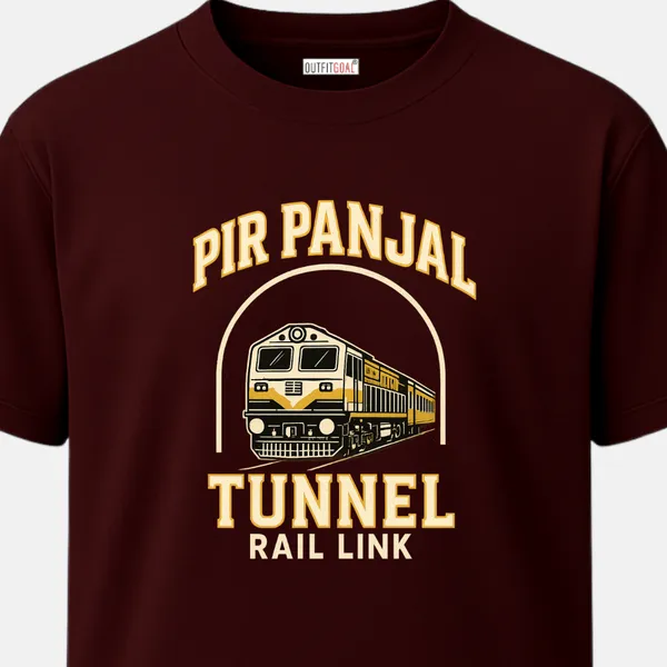 _Regular_Unisex_Maroon_Graphics_T-Shirt,_Train_emerging_from_tunnel_arch_pir_panjal_tunnel_rail_link_type_art_|_TRAVEL_MODE