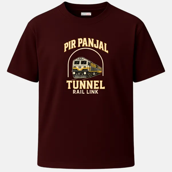 _Regular_Unisex_Maroon_Graphics_T-Shirt,_Train_emerging_from_tunnel_arch_pir_panjal_tunnel_rail_link_type_art_|_TRAVEL_MODE