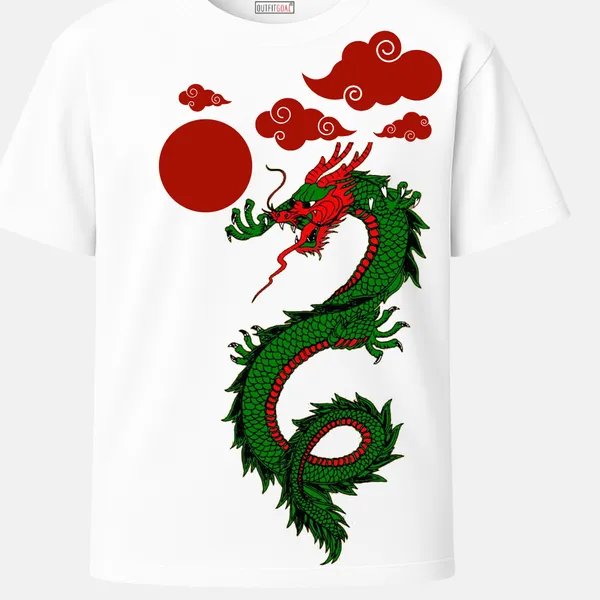 Outfitgoal_Regular_Unisex_White_Graphics_T-Shirt,_Coiled_green_dragon_with_red_sun_and_stylised_clouds_in_an_oriental_tattoo_style_|_GRAPHICS_MODE