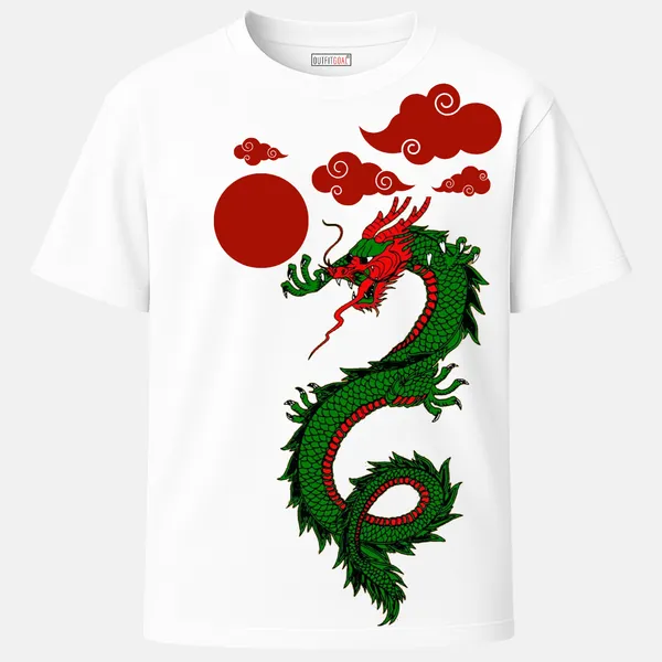 Outfitgoal_Regular_Unisex_White_Graphics_T-Shirt,_Coiled_green_dragon_with_red_sun_and_stylised_clouds_in_an_oriental_tattoo_style_|_GRAPHICS_MODE