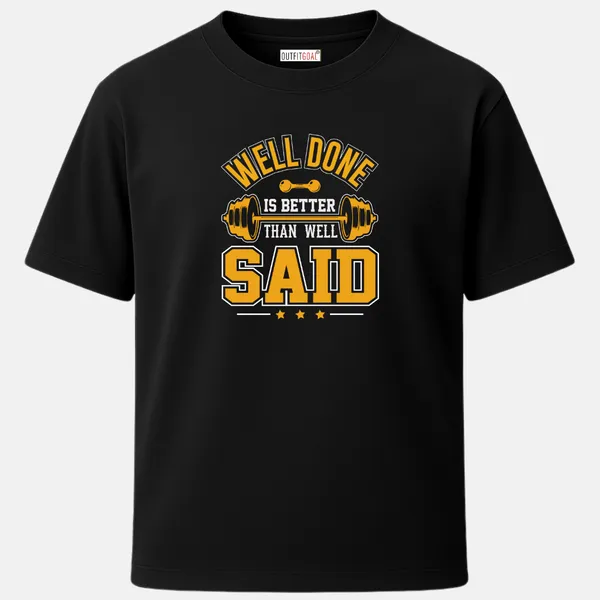 _Regular_Unisex_Black_Graphics_T-Shirt,_Dumbbell_and_star_banner_with_text_well_done_is_better_than_well_said_|_SPORTS_MODE