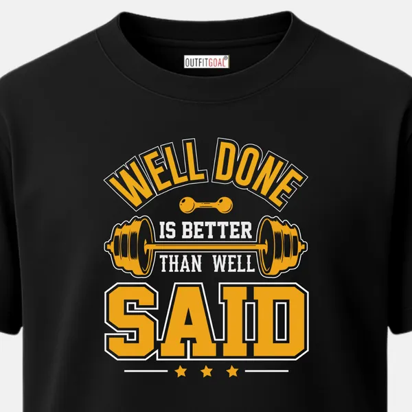 _Regular_Unisex_Black_Graphics_T-Shirt,_Dumbbell_and_star_banner_with_text_well_done_is_better_than_well_said_|_SPORTS_MODE