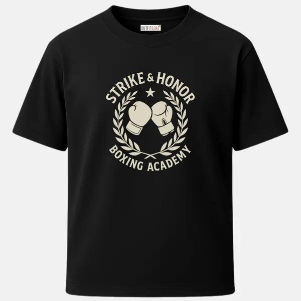 _Regular_Unisex_Black_Graphics_T-Shirt,_Boxing_gloves_surrounded_by_laurel_wreath_text_strike_honor_boxing_academy_|_SPORTS_MODE
