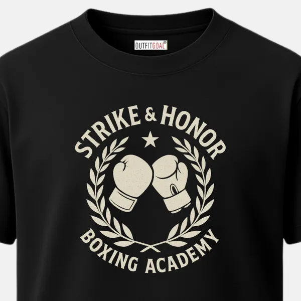 _Regular_Unisex_Black_Graphics_T-Shirt,_Boxing_gloves_surrounded_by_laurel_wreath_text_strike_honor_boxing_academy_|_SPORTS_MODE