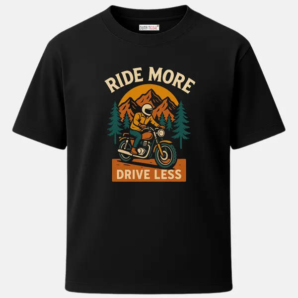 _Regular_Unisex_Black_Graphics_T-Shirt,_Biker_riding_motorcycle_with_mountains_and_pine_trees_in_backdrop_ride_more_drive_less_text_|_TRAVEL_MODE