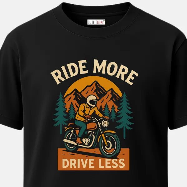 _Regular_Unisex_Black_Graphics_T-Shirt,_Biker_riding_motorcycle_with_mountains_and_pine_trees_in_backdrop_ride_more_drive_less_text_|_TRAVEL_MODE