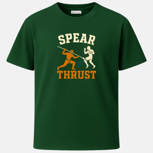 _Regular_Unisex_Bottle_Green_Graphics_T-Shirt,_Traditional_warrior_attacking_with_spear_text_spear_thrust_|_SPORTS_MODE