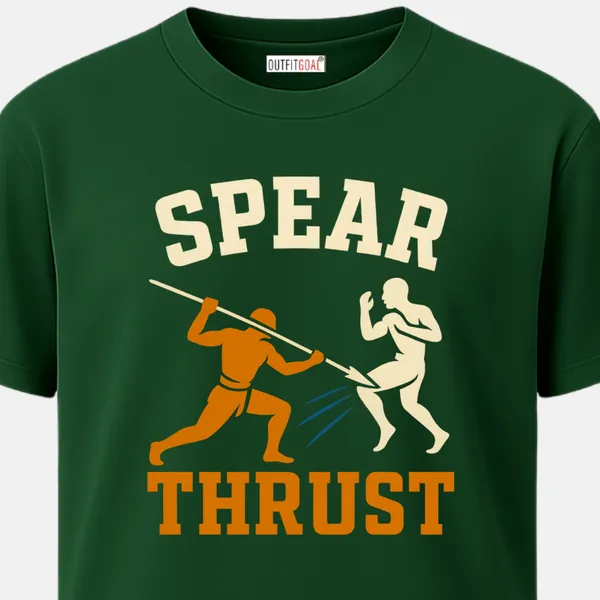 _Regular_Unisex_Bottle_Green_Graphics_T-Shirt,_Traditional_warrior_attacking_with_spear_text_spear_thrust_|_SPORTS_MODE