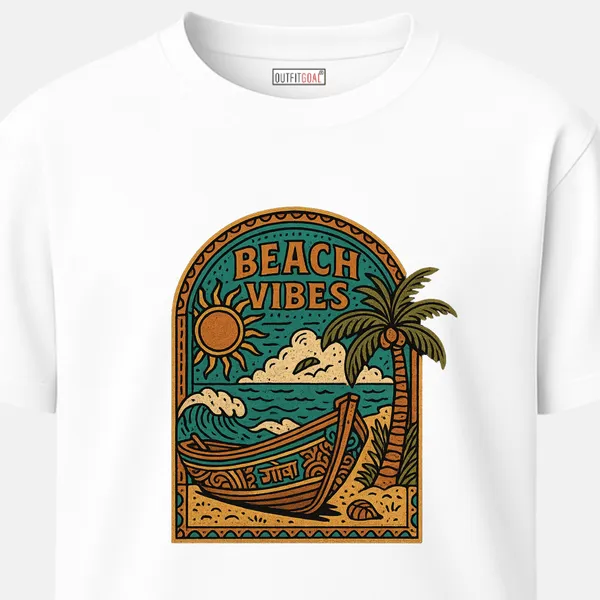 _Regular_Unisex_White_Graphics_T-Shirt,_Artistic_goa_style_boat_with_sun_waves_palm_beach_vibes_|_TRAVEL_MODE