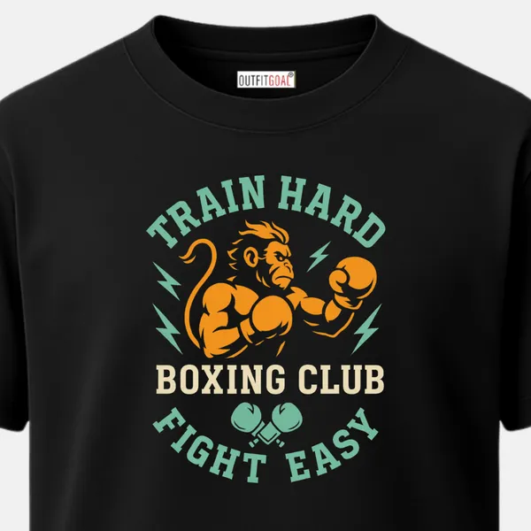 _Regular_Unisex_Black_Graphics_T-Shirt,_Monkey_boxer_with_lightning_bolts_train_hard_fight_easy_|_SPORTS_MODE