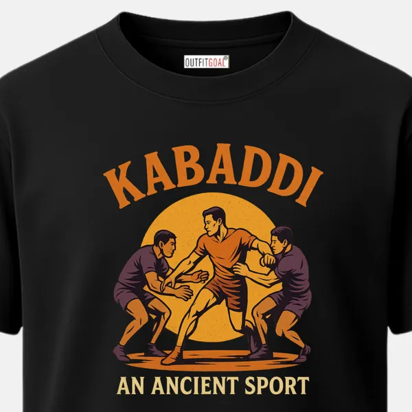 _Regular_Unisex_Black_Graphics_T-Shirt,_Central_kabaddi_raider_fending_two_opponents_against_golden_sun_text_an_ancient_sport_|_SPORTS_MODE