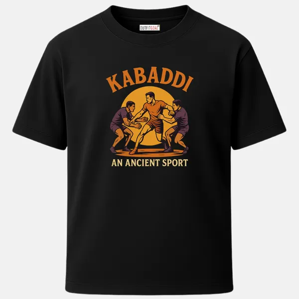 _Regular_Unisex_Black_Graphics_T-Shirt,_Central_kabaddi_raider_fending_two_opponents_against_golden_sun_text_an_ancient_sport_|_SPORTS_MODE
