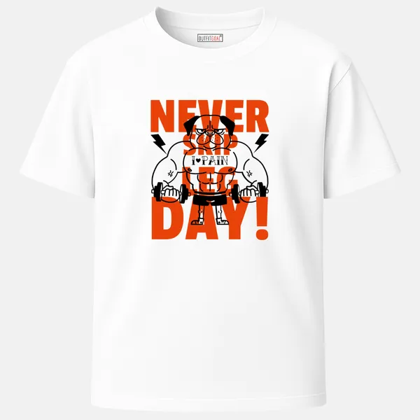 _Regular_Unisex_White_Graphics_T-Shirt,_Cartoon_bodybuilder_never_skip_leg_day_|_SPORTS_MODE