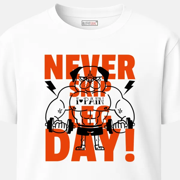 _Regular_Unisex_White_Graphics_T-Shirt,_Cartoon_bodybuilder_never_skip_leg_day_|_SPORTS_MODE