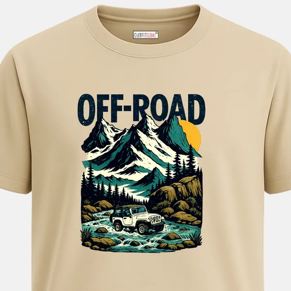 _Regular_Unisex_Beige_Graphics_T-Shirt,_Jeep_crossing_rocky_river_bold_off_road_text_snowy_mountains_rugged_style_|_TRAVEL_MODE