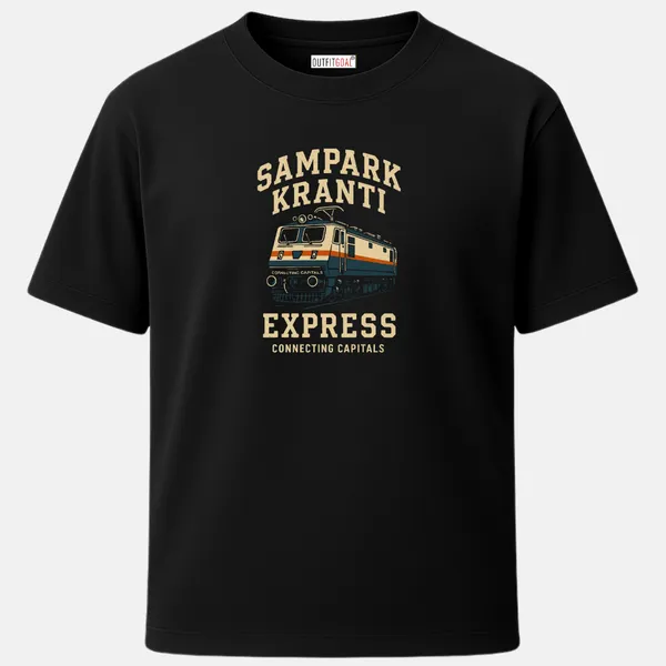 _Regular_Unisex_Black_Graphics_T-Shirt,_Electric_blue_grey_train_with_sampark_kranti_express_type_art_vintage_badge_layout_|_TRAVEL_MODE