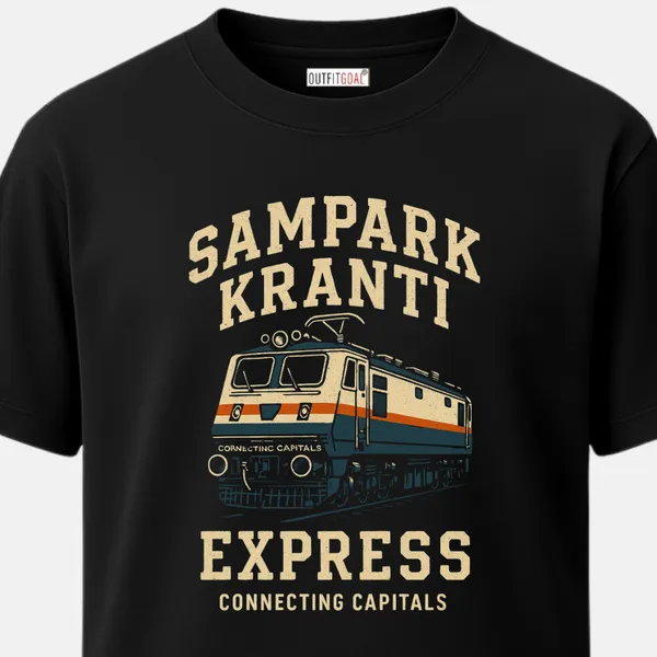 _Regular_Unisex_Black_Graphics_T-Shirt,_Electric_blue_grey_train_with_sampark_kranti_express_type_art_vintage_badge_layout_|_TRAVEL_MODE