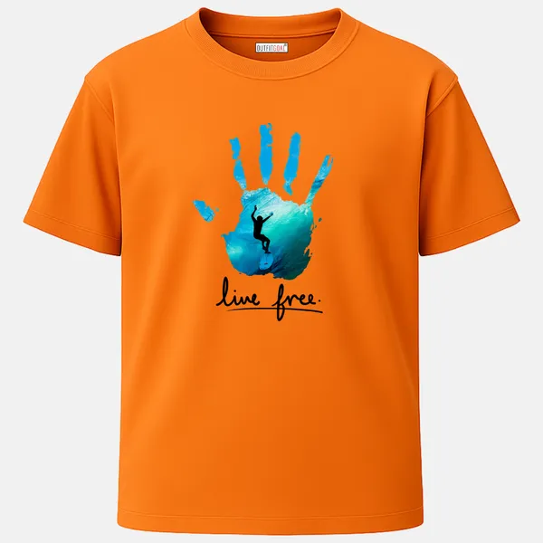_Regular_Unisex_Bhagwa_Graphics_T-Shirt,_Surfer_inside_a_blue_handprint_text_live_free_|_TRAVEL_MODE