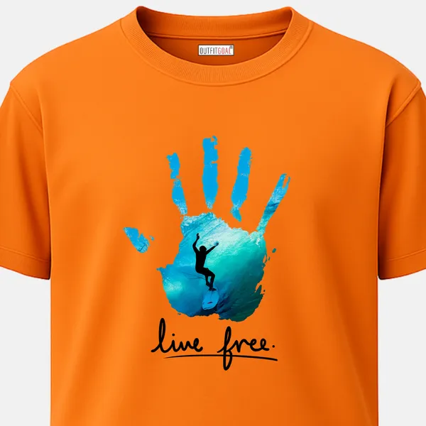 _Regular_Unisex_Bhagwa_Graphics_T-Shirt,_Surfer_inside_a_blue_handprint_text_live_free_|_TRAVEL_MODE