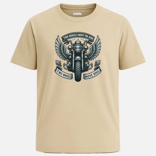 Outfitgoal_Regular_Unisex_Beige_Graphics_T-Shirt,_Winged_classic_motorcycle_emblem_with_banner_saying_Two_Wheels_Move_The_Body_Two_Wheels_Move_Soul._|_TRAVEL_MODE