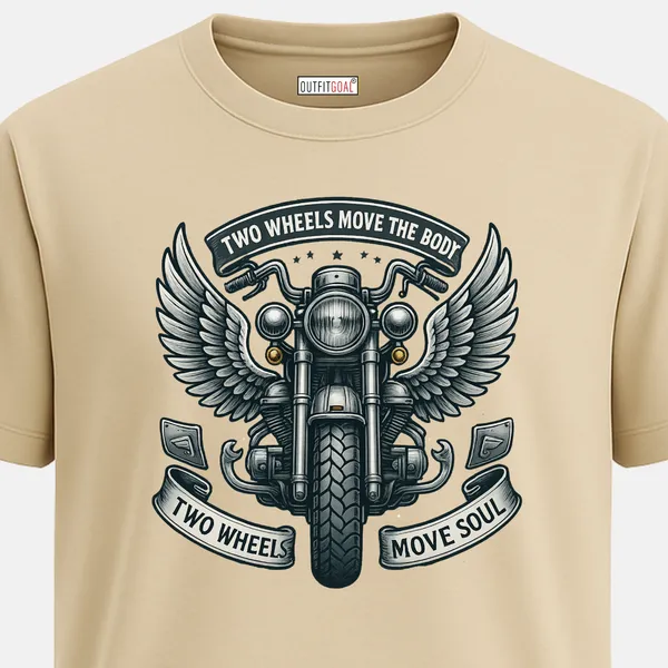 Outfitgoal_Regular_Unisex_Beige_Graphics_T-Shirt,_Winged_classic_motorcycle_emblem_with_banner_saying_Two_Wheels_Move_The_Body_Two_Wheels_Move_Soul._|_TRAVEL_MODE