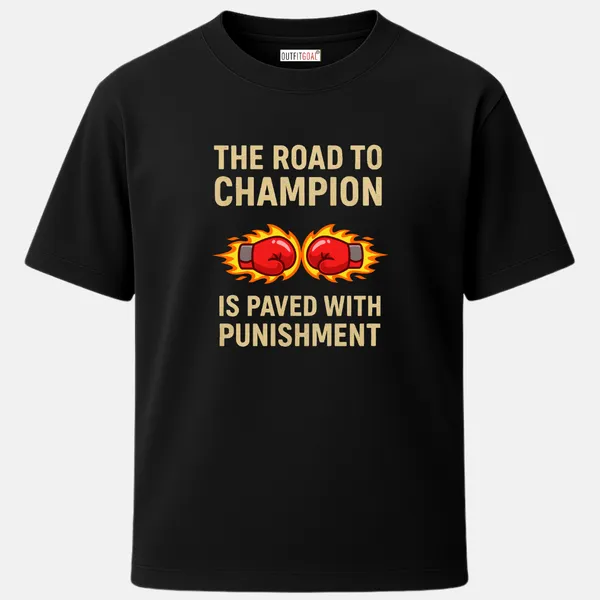 _Regular_Unisex_Black_Graphics_T-Shirt,_Two_flaming_gloves_with_quote_the_road_to_champion_is_paved_with_punishment_|_SPORTS_MODE