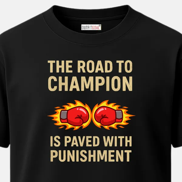 _Regular_Unisex_Black_Graphics_T-Shirt,_Two_flaming_gloves_with_quote_the_road_to_champion_is_paved_with_punishment_|_SPORTS_MODE