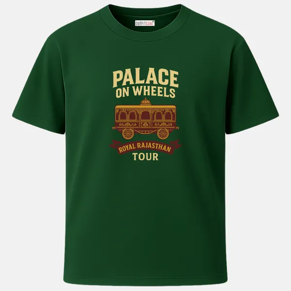 _Regular_Unisex_Bottle_Green_Graphics_T-Shirt,_Ornate_royal_carriage_in_gold_red_palette_with_palace_on_wheels_type_art_|_TRAVEL_MODE