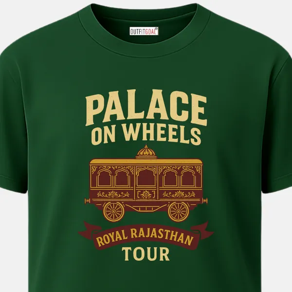 _Regular_Unisex_Bottle_Green_Graphics_T-Shirt,_Ornate_royal_carriage_in_gold_red_palette_with_palace_on_wheels_type_art_|_TRAVEL_MODE
