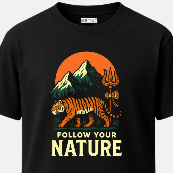 _Regular_Unisex_Black_Graphics_T-Shirt,_Tiger_walking_with_trident_trishul_in_mountains_follow_your_nature_text_|_TRAVEL_MODE
