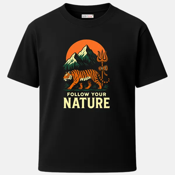 _Regular_Unisex_Black_Graphics_T-Shirt,_Tiger_walking_with_trident_trishul_in_mountains_follow_your_nature_text_|_TRAVEL_MODE