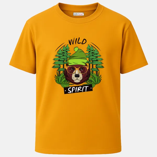 _Regular_Unisex_Yellow_Graphics_T-Shirt,_Cartoon_bear_with_beanie_sunglasses_jungle_leaves_and_trees_wild_spirit_text_|_TRAVEL_MODE